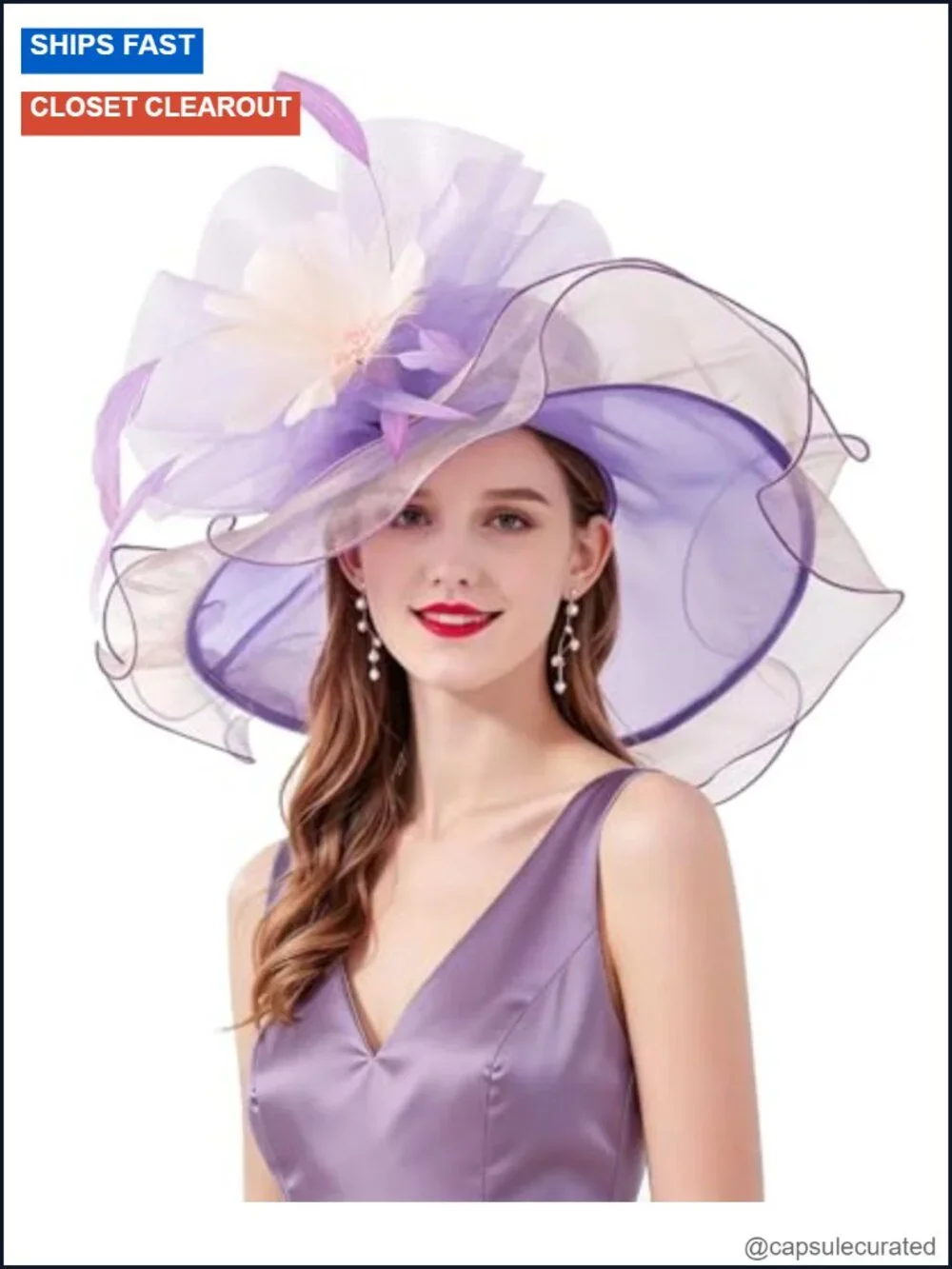 Wide Brim Organza Derby Hat Removable Flower Fascinator for Wedding Tea Party